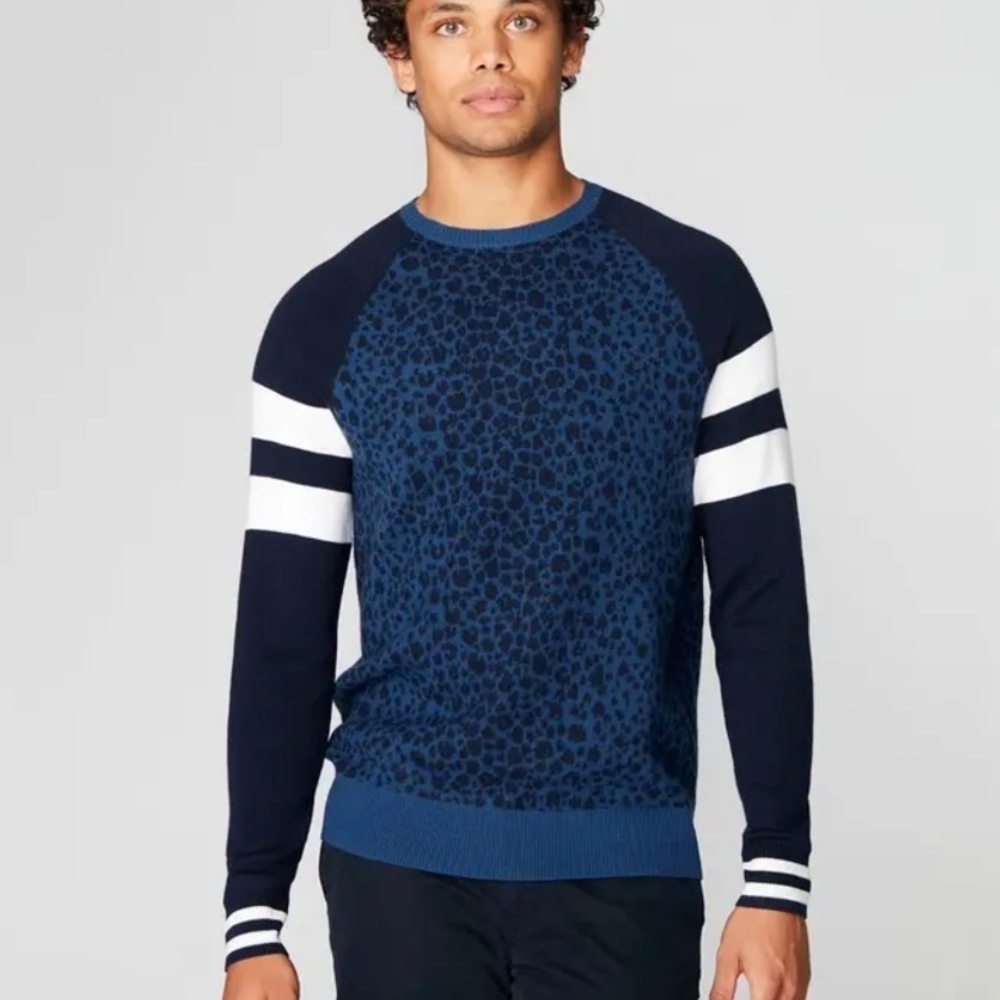 The Good Man Brand Trim Fit Jacquard Animal Pattern Merino Wool Sweater Blue xl